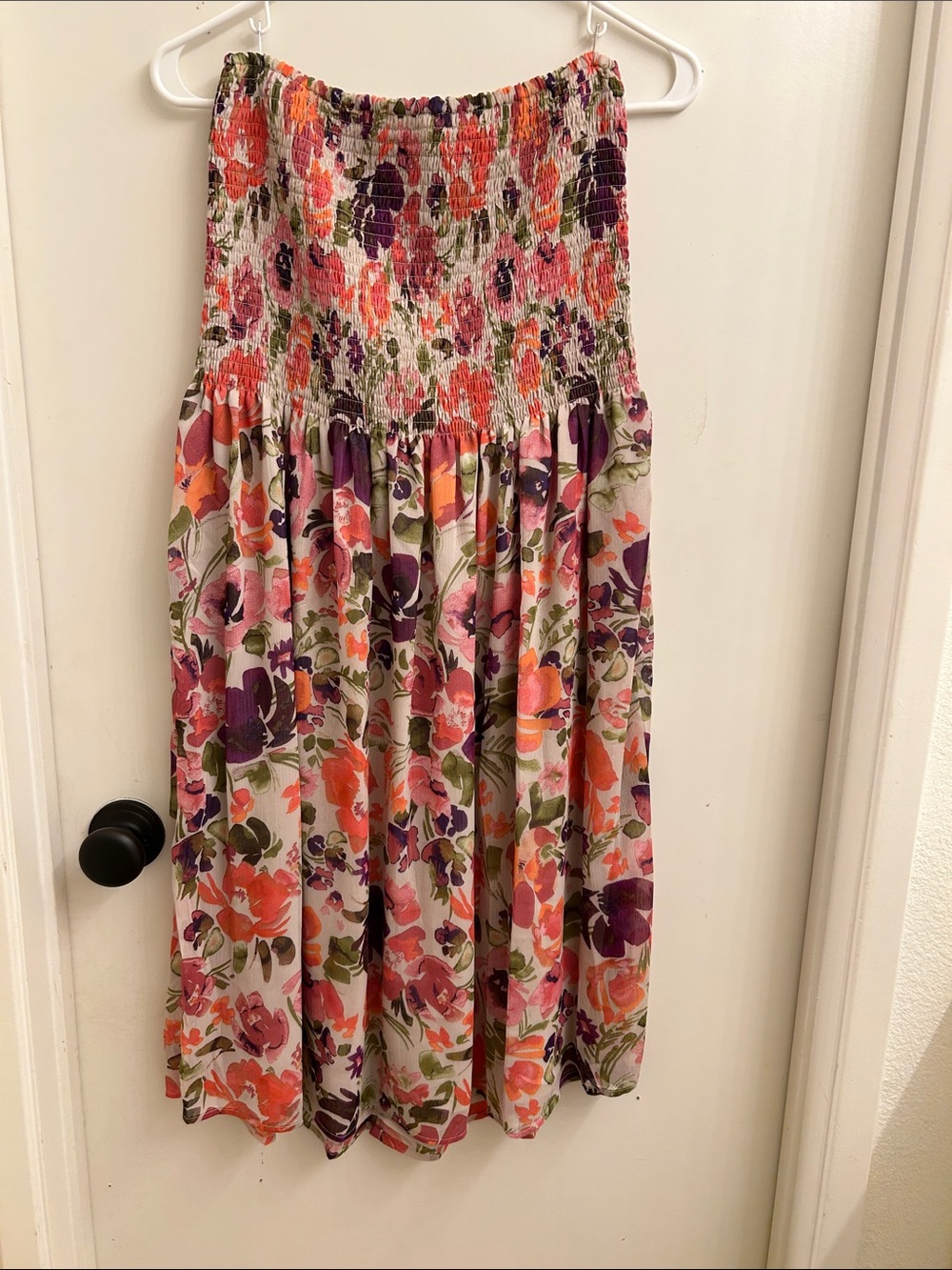 Smocked Maxi Skirt in Cream with Pink, Purple & Orange Floral Print